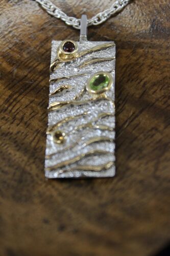 NEW STERLING SILVER CUSTOM PENDANT SIGNED BY JUVITE MULTI GEMSTONE ON SEMI ROPE - Picture 2 of 3