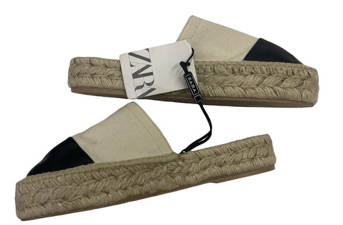 Zara Espadrilles Tan Black Canvas Slides Cap Toe Shoes Size 37 (USA 6.5) NEW - Picture 2 of 7