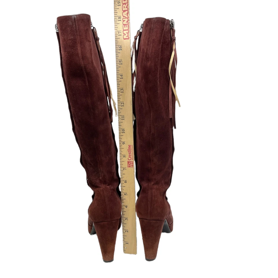 Pollini Womens Maroon Lush Suede Tassel Tall Heel Double Zip Tall Boot Size 6.5 - Image 4 of 4