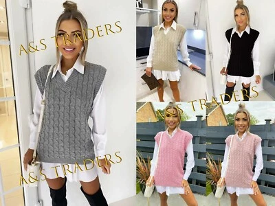 Womens Ladies Cable Knit Sleeveless Vest Knitted Jumper Tank Top Winter Sweaters - Image 1 of 2