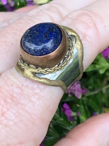 Bohemian Blue Lapis Ring Brass Copper Silver Metal Brutalist Vintage Statement I - Picture 13 of 13