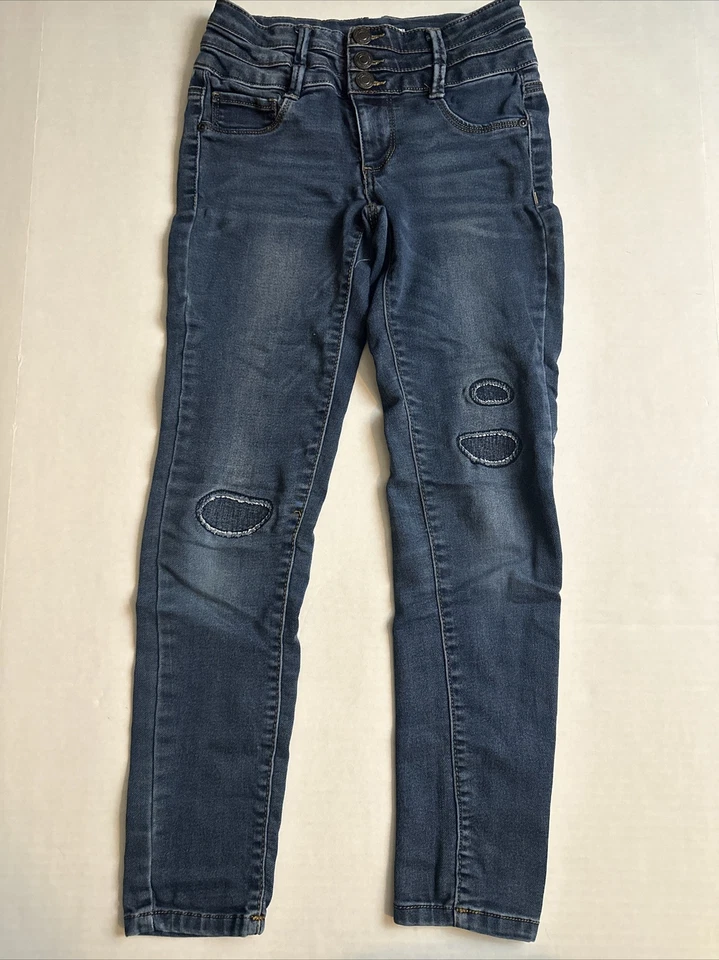 Pantalones de Niña Marca Mudd Talla 10 Azul Jeans Botón Delantero y Rodillas Patchwork Foto 2 de 4