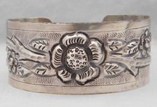 Large Stunning Sterling Silver Mexico Flower Repousse Cuff Bracelet...7.5