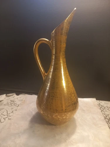 VINTAGE STANGL POTTERY EWER HAND PAINTED 22 K GRANADA GOLD PITCHER MID CENTURY