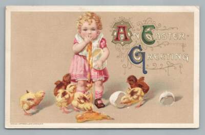 Little Girl Eating Raw Egg Yolks ~ Antique Winsch Schmucker Easter Postcard 1911