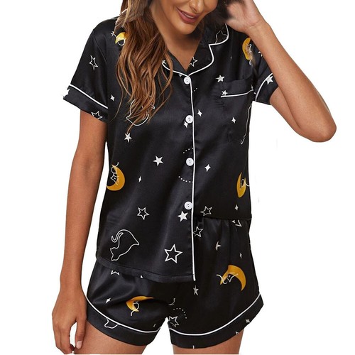 New Womens Silk Satin Pajamas Set Short Sleeve Button-Down Sleepwear Loungewear✹ - Picture 14 of 26