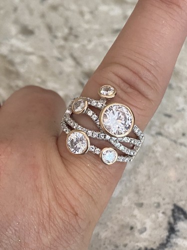 Sterling Silver & Rose Gold Plated Cross Over Cubic Zirconia Ring   Size 9