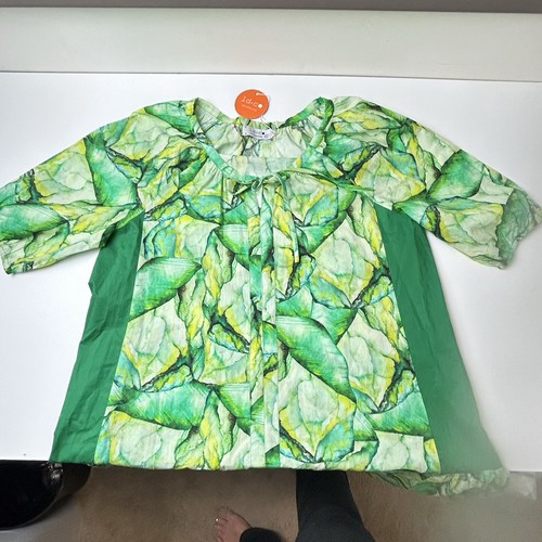 LD+CO Melbourne dress sz M 100% cotton green watercolor midi A-line arty summer. - Picture 11 of 11
