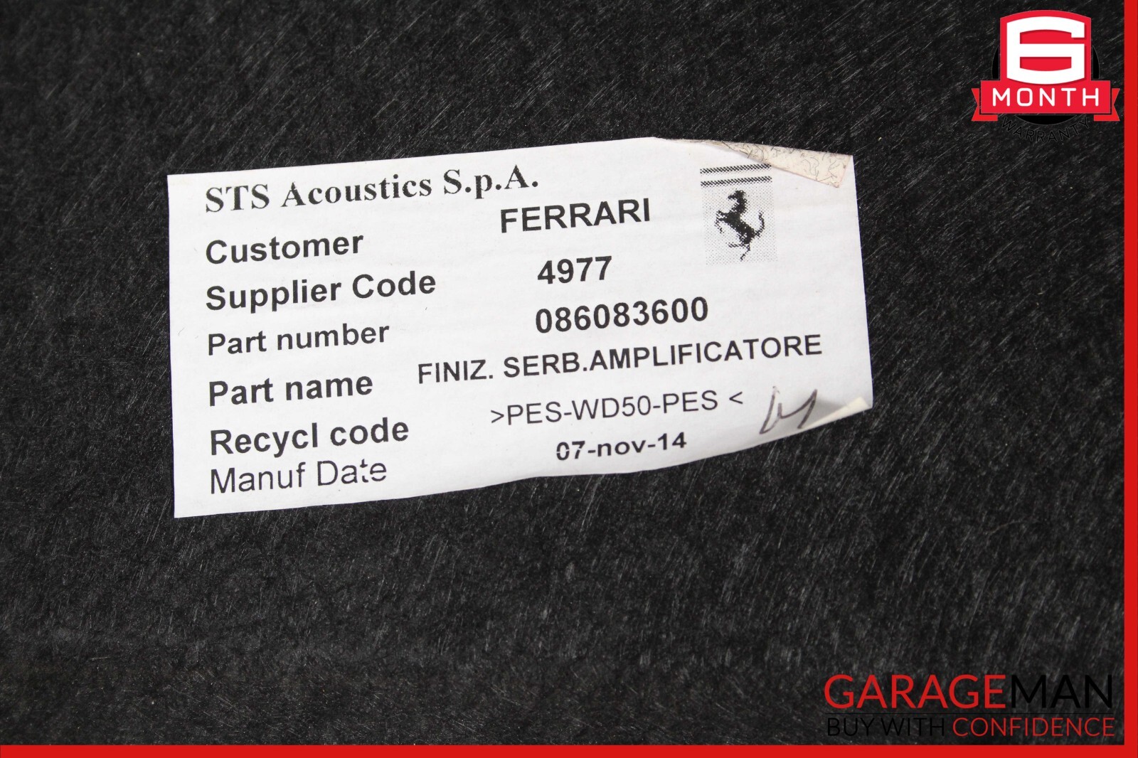 15-18 Ferrari California Rear Carpet Liner Panel Cover 086083600 OEM