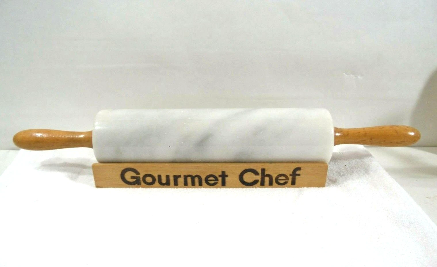 Vintage "GOURMET CHEF" Granite Rolling Pin with Wood Handles & Storage Cradle