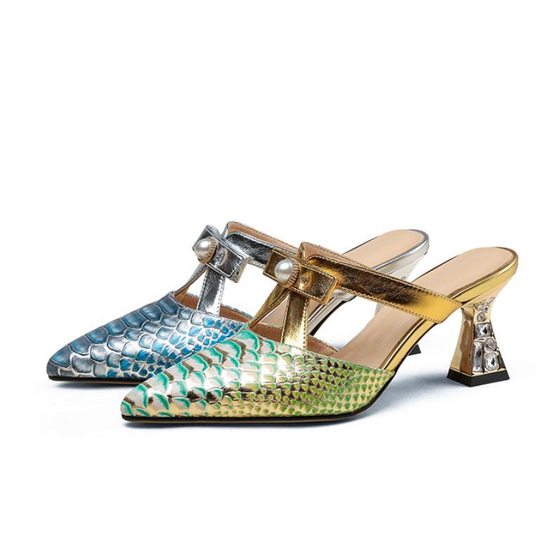 PANTOFOLA D’ORO Pantofole donna giunzione nodo di fiocco perline 7 cm tacco grosso scarpe punta a punta sexy