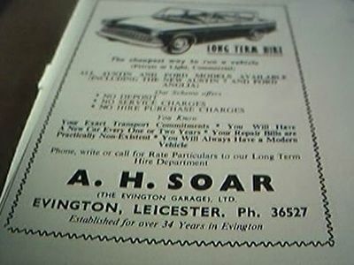 ephemera 1961 Anzeige A H Soar Langzeit Autovermietung Evington