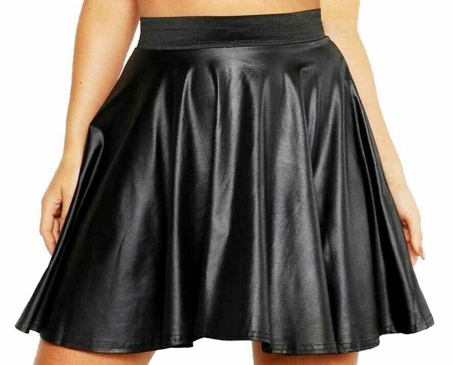 New women's Pvc Wet Leather Look Flared Womens Shiny Mini Skater
