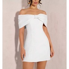 Womens Bow Off Shoulder Cocktail Mini Dress Size S White Bridal Party Coquette