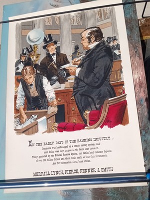 MixedMedia Silkscreen In The Early Days Of Banking Merril Lynch VTG print Rare