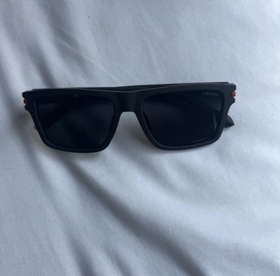 PRADA Men s Rectangle Sunglasses Black Plastic Frame Gray Tinted Lenses