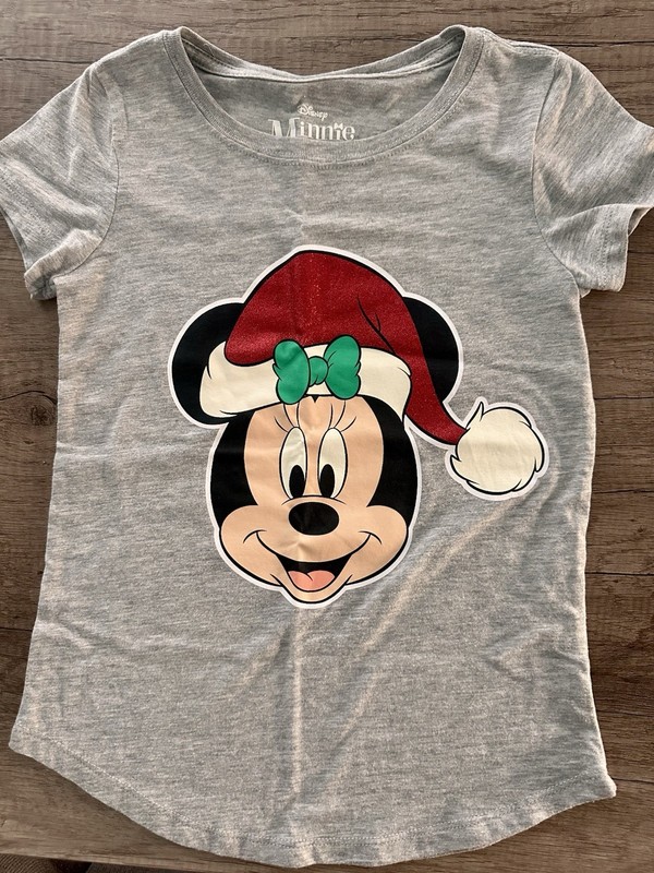 Disney Christmas Minnie Mouse T Shirt Medium Gray with Sparkly Santa Hat Graphic