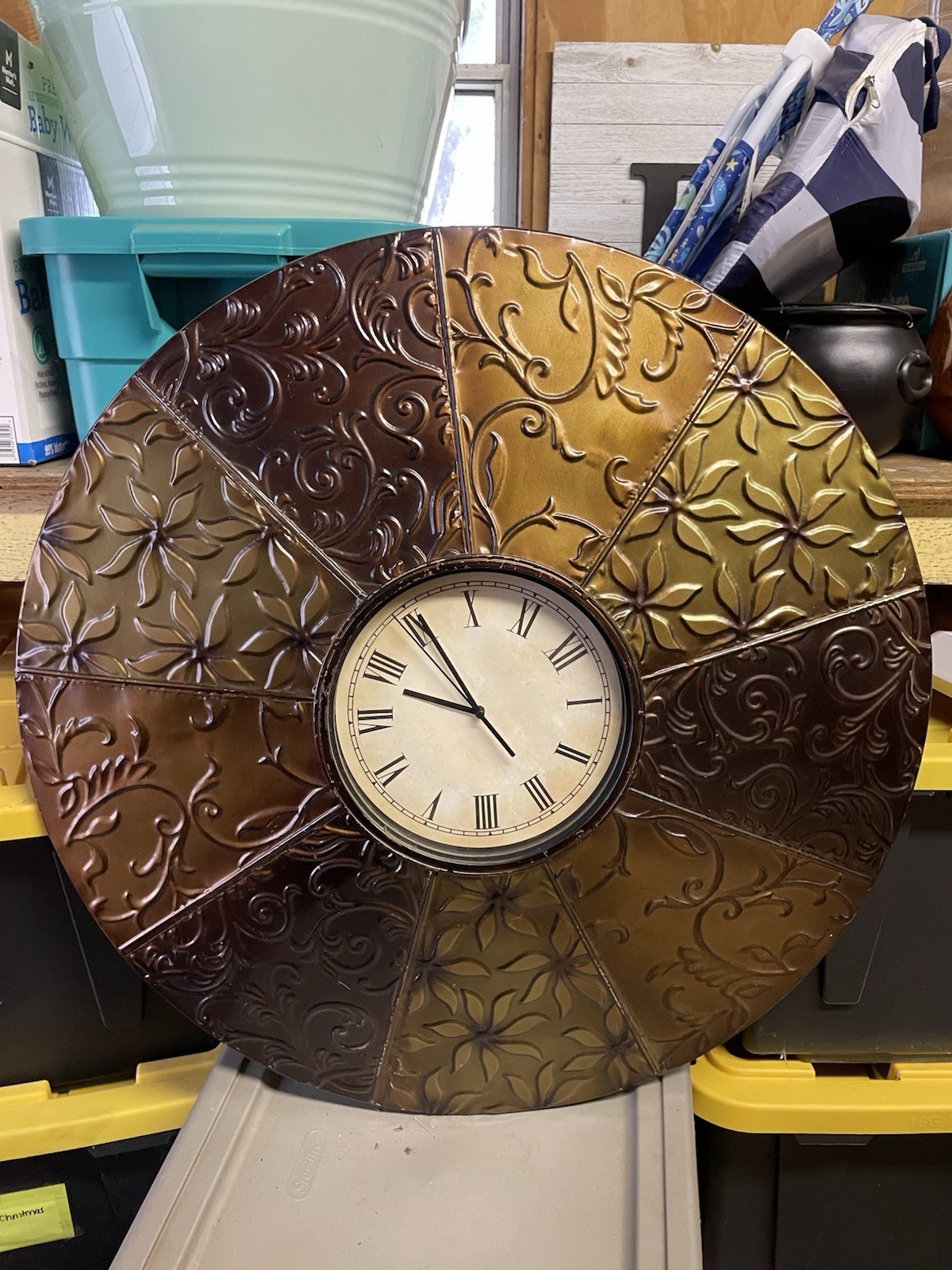 Round Metal Hanging Wall Clock Brown Analog Roman Numerals Floral Scroll