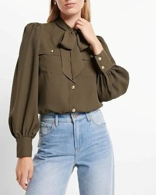 Women's Relaxed Balloon Sleeve Novelty Button Tie Neck Portofino Shirt Size S