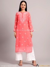 Peach Georgette Chikankari Straight Kurta With Inner, Lucknowi Chikankari Top