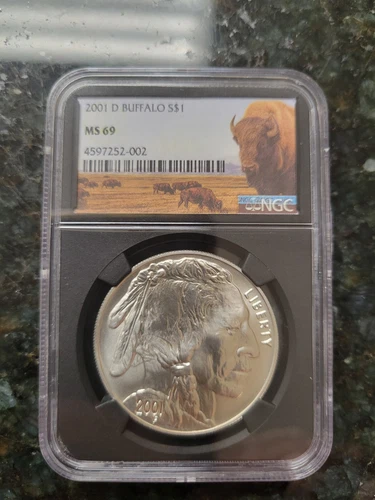 2001-D Silver Buffalo S $1 MS69 NGC Certified Silver. Rare Black Slab Holder.