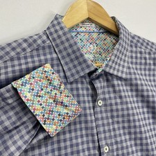 Bugatchi Shaped Fit Shirt Men XL Blue Gingham Check Floral Flip Cuff Long Sleeve