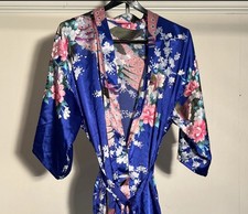 Anntourage Polyester Deep Blue Kimono Style Robe S/M Floral Peacocks