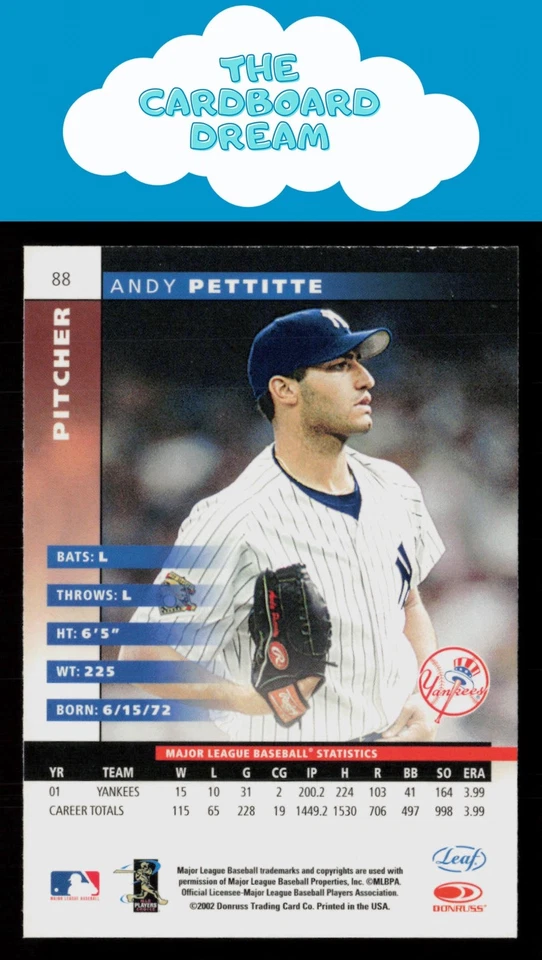 Andy Pettitte 2002 Leaf #88 New York Yankees Baseball Card - Image 2 of 2