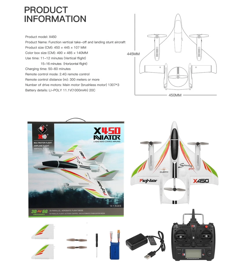 NUEVO 1 Juego WLtoys XK X450 RC Avión Sin Escobillas 2.4G 6CH 3D/6G LED Ala Fija EE. UU. Foto 4 de 4