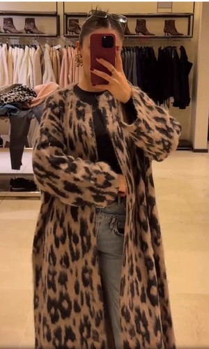Zara Animal Jacquard Knit Long Coat Leopard Brown Black Size S 2142/183 New - Picture 7 of 12