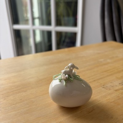 Ceramic Hand painted Easter Egg w/Lamb w/White Roses & Vines Signed w/No Date
