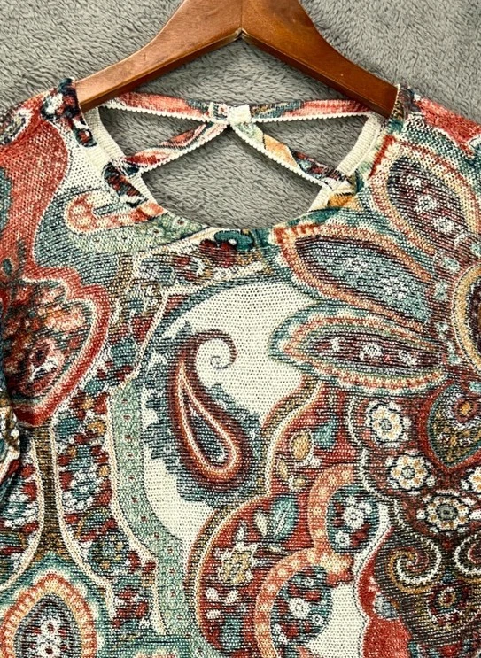 Chicos Tops Mujer Petite XS Boho Paisley Suéter Tejido Top Blusa Manga 3/4 Foto 3 de 4