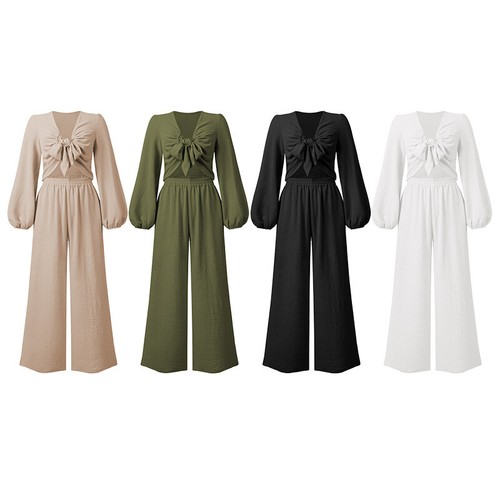 Spring Women Solid Color Cardigan Knotted Long Sleeve Top Wide Leg Pants Suit