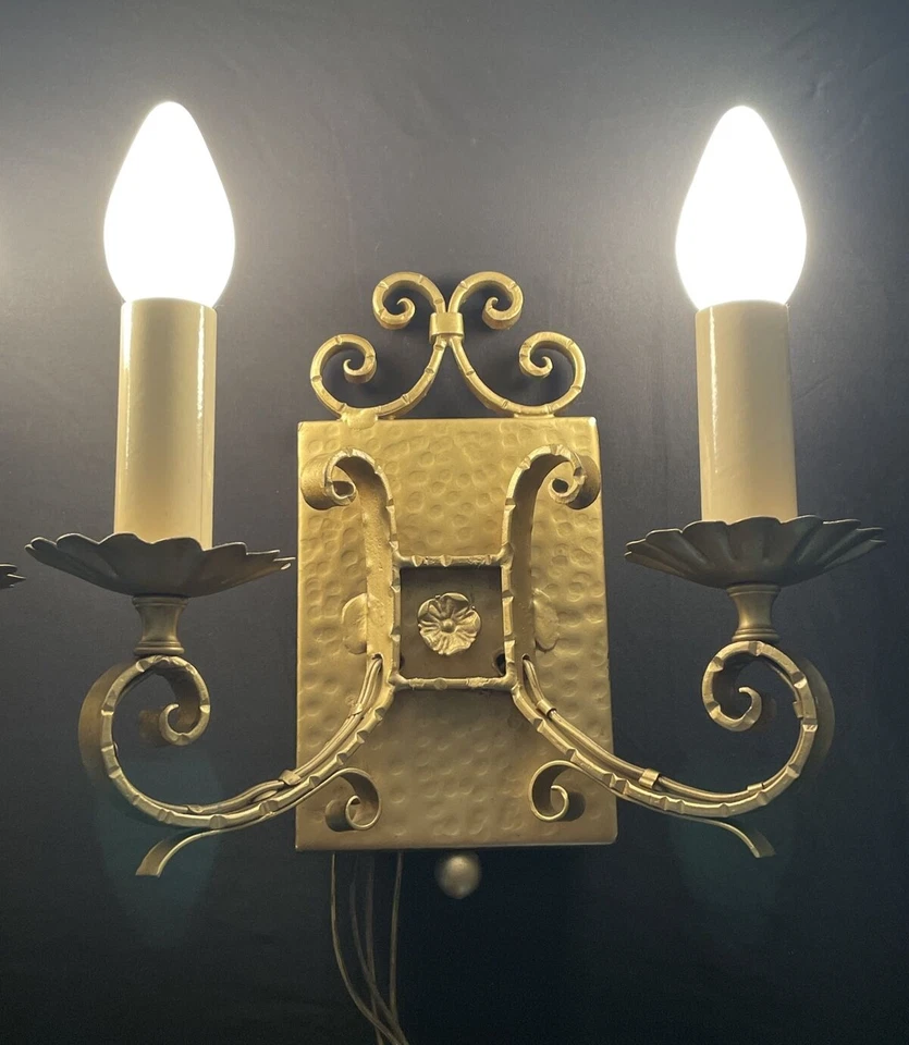 REWIRED Pair Antique Vtg Wall Sconces Arts & Crafts Deco Mission Gothic Gold - Image 3 of 4