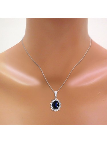 Collier pendentif diamant et saphir halo inspiré de la princesse Diana serti en - Photo 2/3