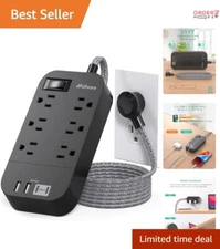 15 FT Extension Cord Flat Plug Power Strip 6 Outlets 4 USB Ports for Home Office