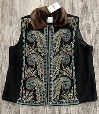 Bob Mackie 1x Wearable Art Embroidered Women’s Vest Faux Fur Collar Black Plus