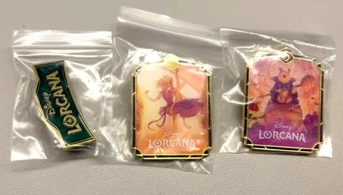 2025 Lorcana Disney chinese tcg game promo logo badge Pooh Rapunzel logo 3pc Pin - Picture 2 of 2