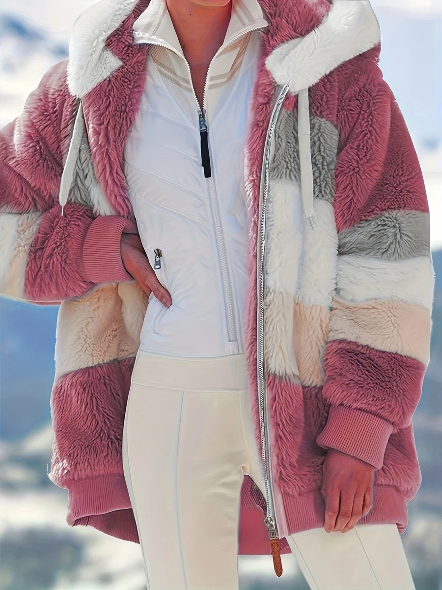 Color Block Fuzzy Hooded Coat Casual Long Sleeve Winter Warm