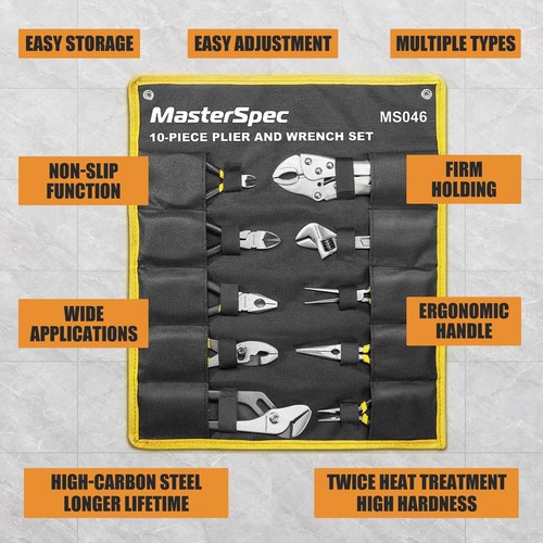 MasterSpec 10Pcs Hand Tool Set Pliers Set w/ Storage Pouch for Home Maintenance - Picture 2 of 12