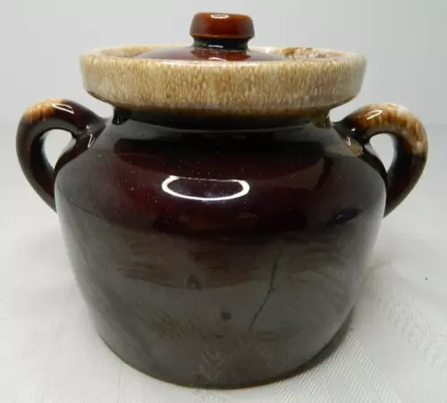 Vtg McCoy Bean Pot With Lid #340-9189 Double Handles Pottery Drip Glaze 5.5"H