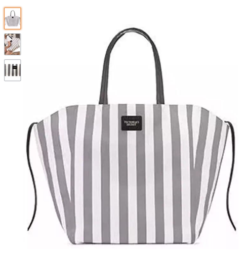 VICTORIA'S SECRET STRIPED GRAY WHITE BEACH TRAVEL CANVAS TOTE BAG LARGE NWT - Picture 3 of 5