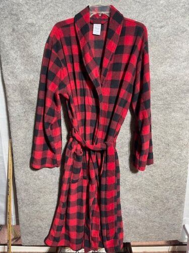Fruit Of The Loom Bathrobe Mens One Size Fleece Plaid Belted Pockets Black Red - 第 1/8 張圖片