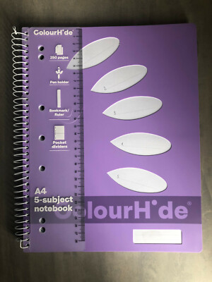 Brand New Colourhide A4 Size 250 Page Spiral Ruled 5 Subject Notebook Purple