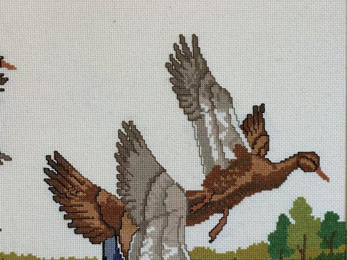 Vintage incorniciato punto croce ricamo anatre Mallard scena acqua 24x21 cucito a mano - Foto 6 di 12