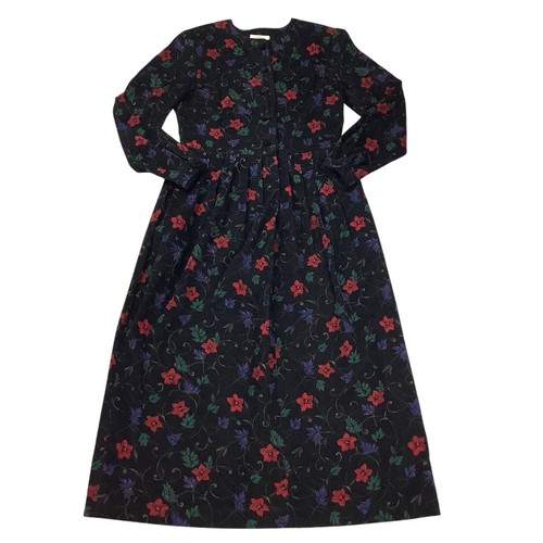 Vintage 90s Talbots Corduroy Midi Dress Black Red Purple Floral Modest Women 4