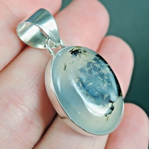 925 Sterling Silver Small Oval Natural Dendritic Agate Pendant Jewelry, MAP-02