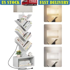 Tall Tree Bookshelf W/ Adjustable Lamp Vertical Storage Home Office Living Room