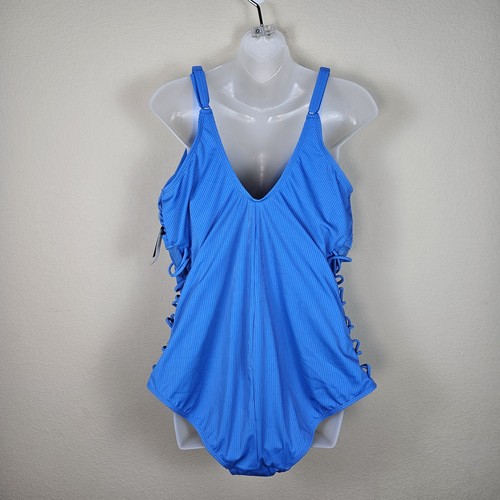 Torrid Blue Ribbed Wireless One Piece Swimsuit Lace-Up Sides Size 3X 22-24 NEW - Picture 15 of 16