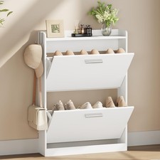 Slim Shoe Cabinet Entryway W/ 2 Flip Drawers 23.6" W White Freestanding shoe